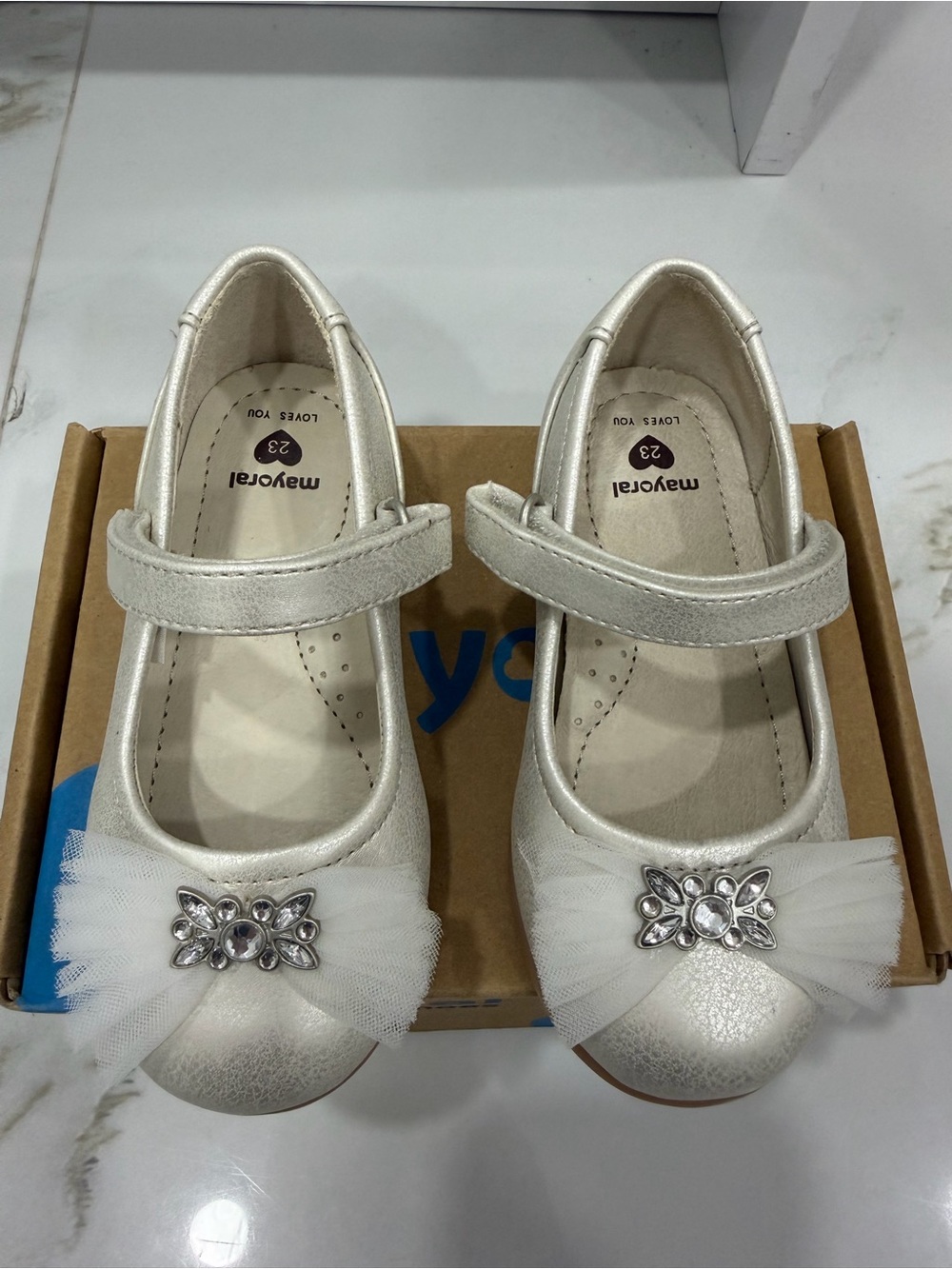 Mayoral Girls Pearl Mary Jane Dress Shoes EU 23 with Tulle & Rhinestones